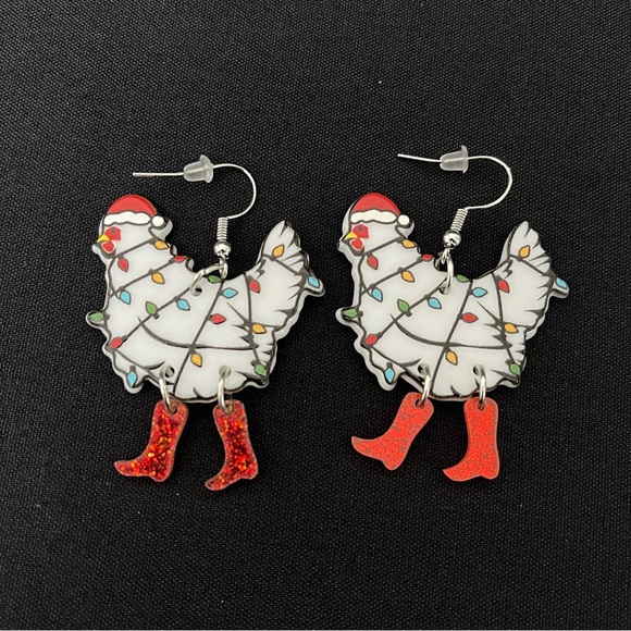 Tangled Christmas Lights Boot Wearing Hen Dangle Earrings - Red Boots - Picture 2 of 9